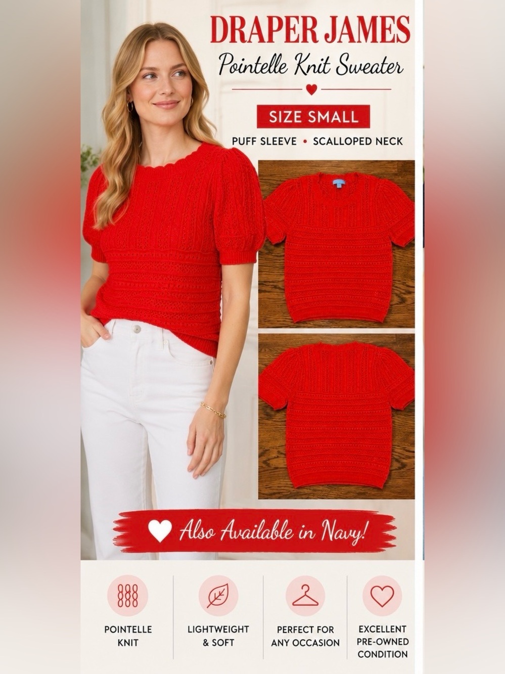 Draper James Bright Red Pointelle Knit Sweater Size Small